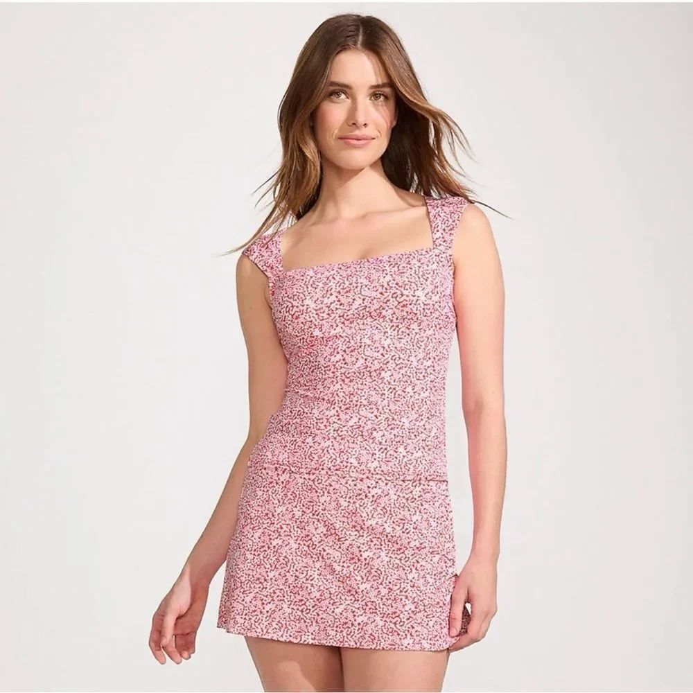Land's End Plus Square Neck and Back underwire tankini Top coral Rose floral 20W